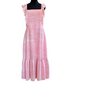 BCBG Paris Pink Ruffle Midi Dress Square Neck Ruffle Sleeve Medium 8-10 NEW Boho